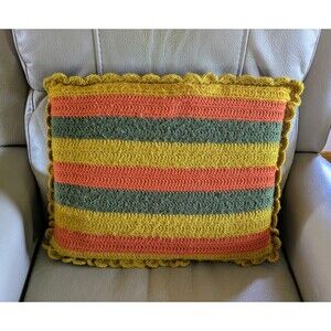 Vintage 70s Grannycore Pillow Crocheted striped orange, green, and yellow